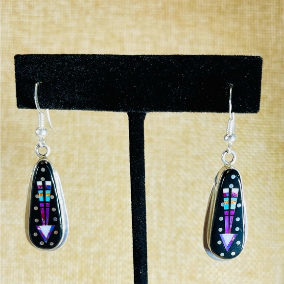 Sterling and Multi-Stone Inlay Teardrop Native American Earrings - Picture 8 of 9